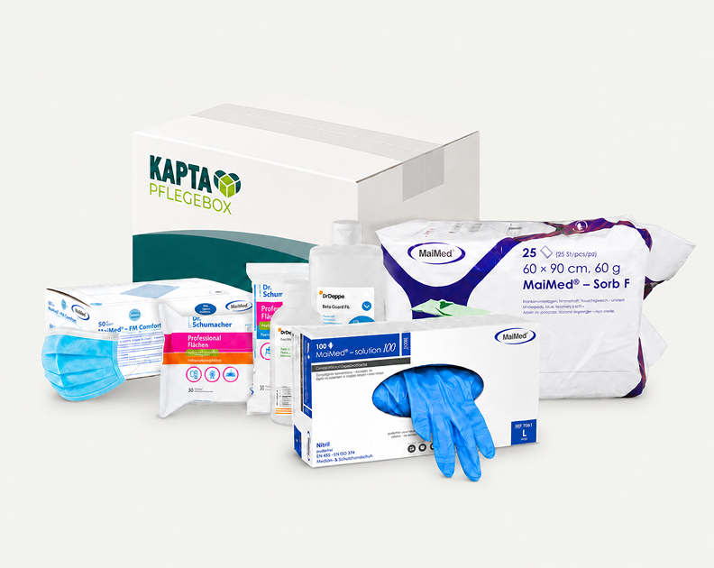 KAPTA Pflegebox mit den enthaltenen Pflegehilfsmitteln