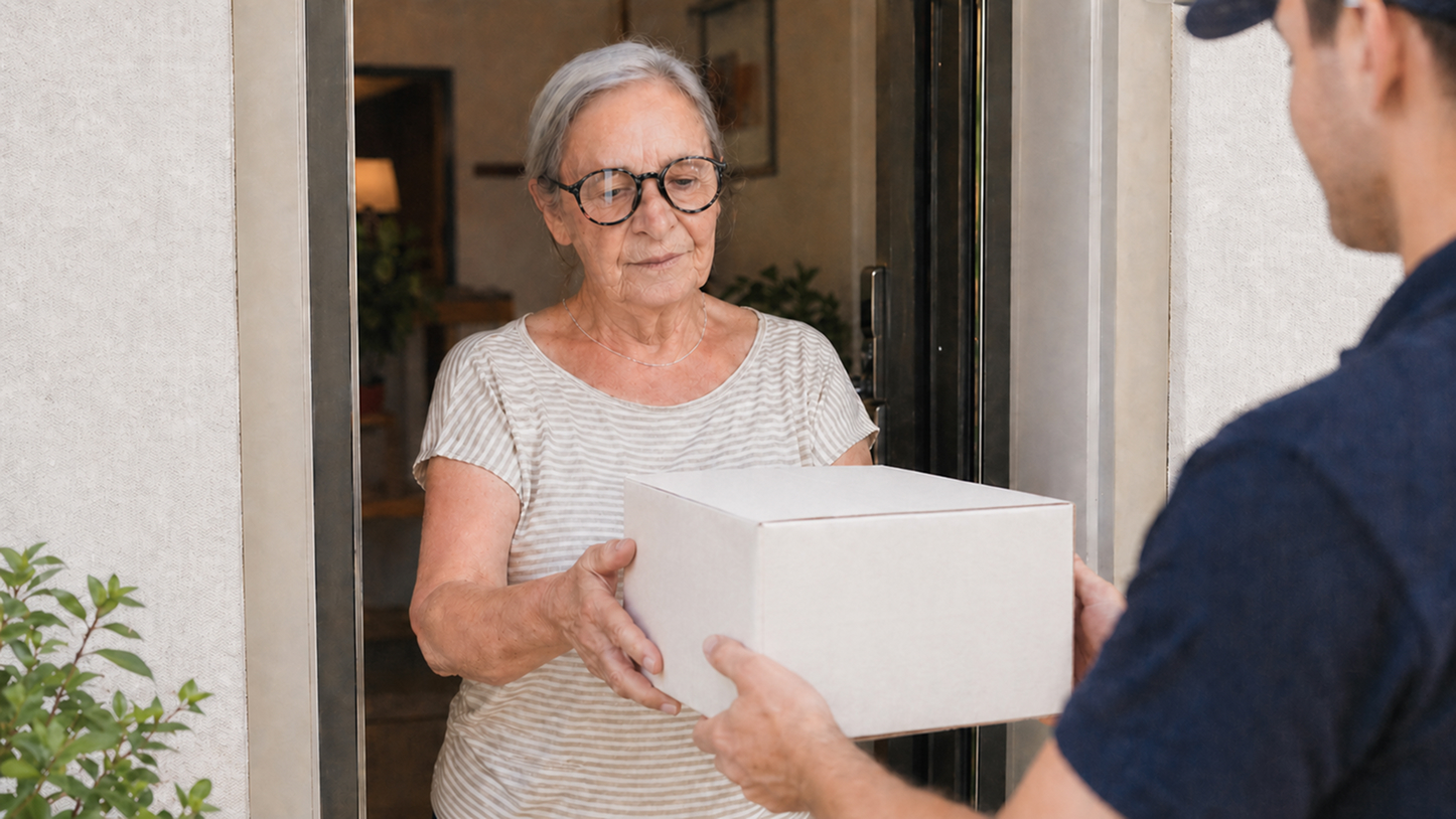 Seniorin nimmt Pflegebox an der Haustür entgegen